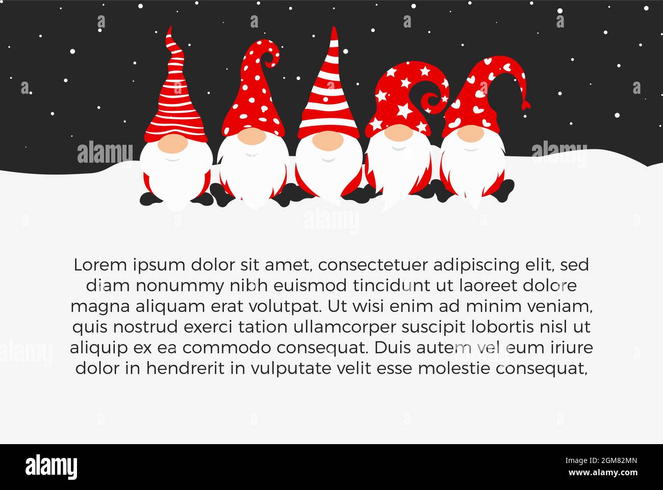 Felice anno nuovo 2022 poster design con gnomes, caratteri christmass per la decorazione delle feste di Natale, banner orizzontale di nuovo anno con testo Illustrazione Vettoriale