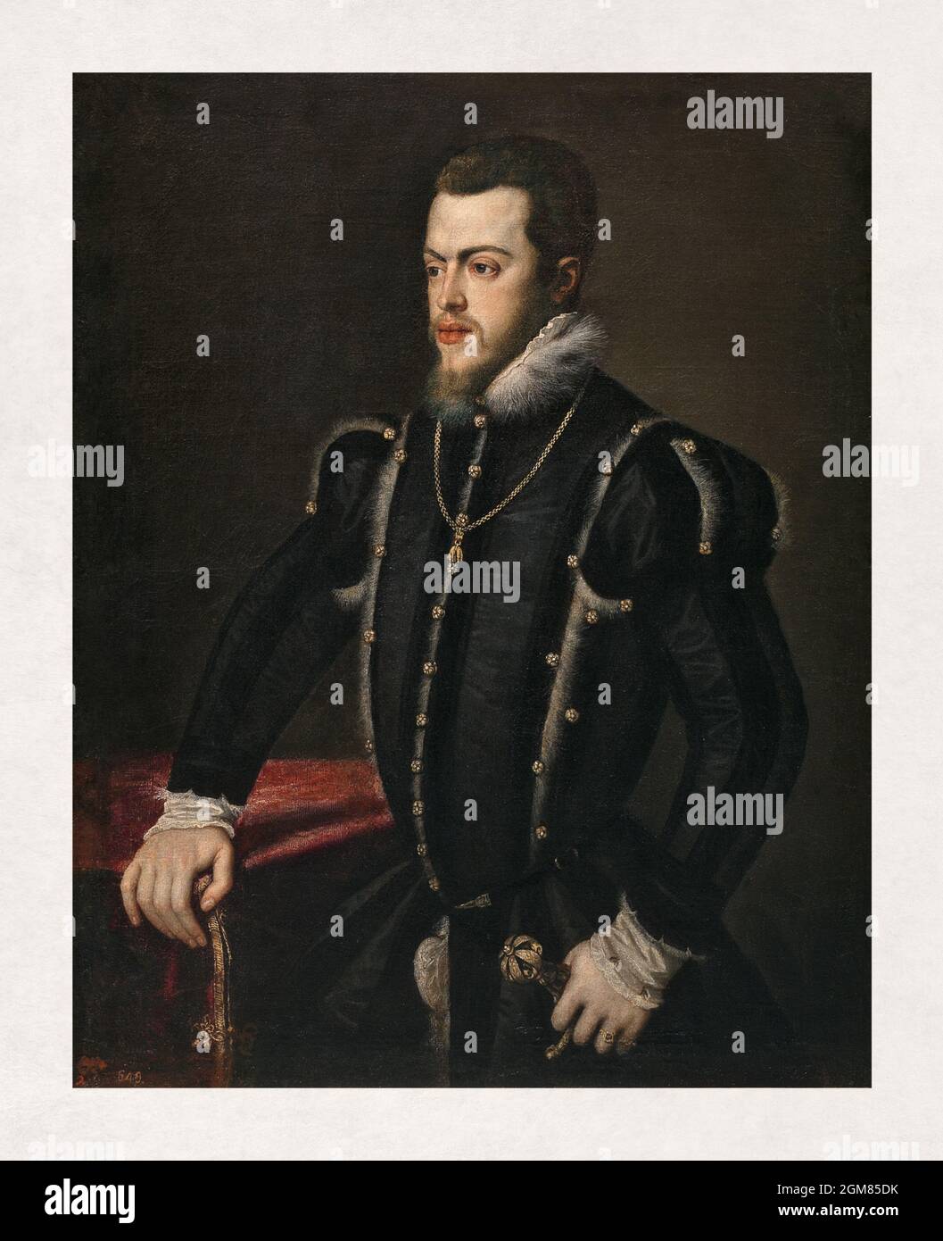 Ritratto di Filippo II di Spagna realizzato dall'artista italiano Tiziano nel 1549. Foto Stock