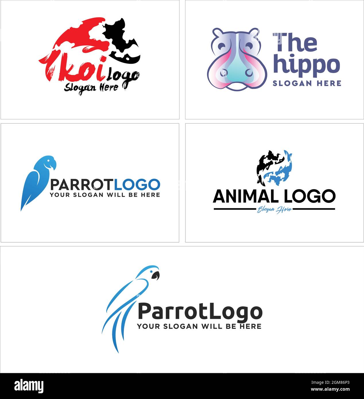 Koi ippopotamo pappagallo animale fattoria logo design Illustrazione Vettoriale
