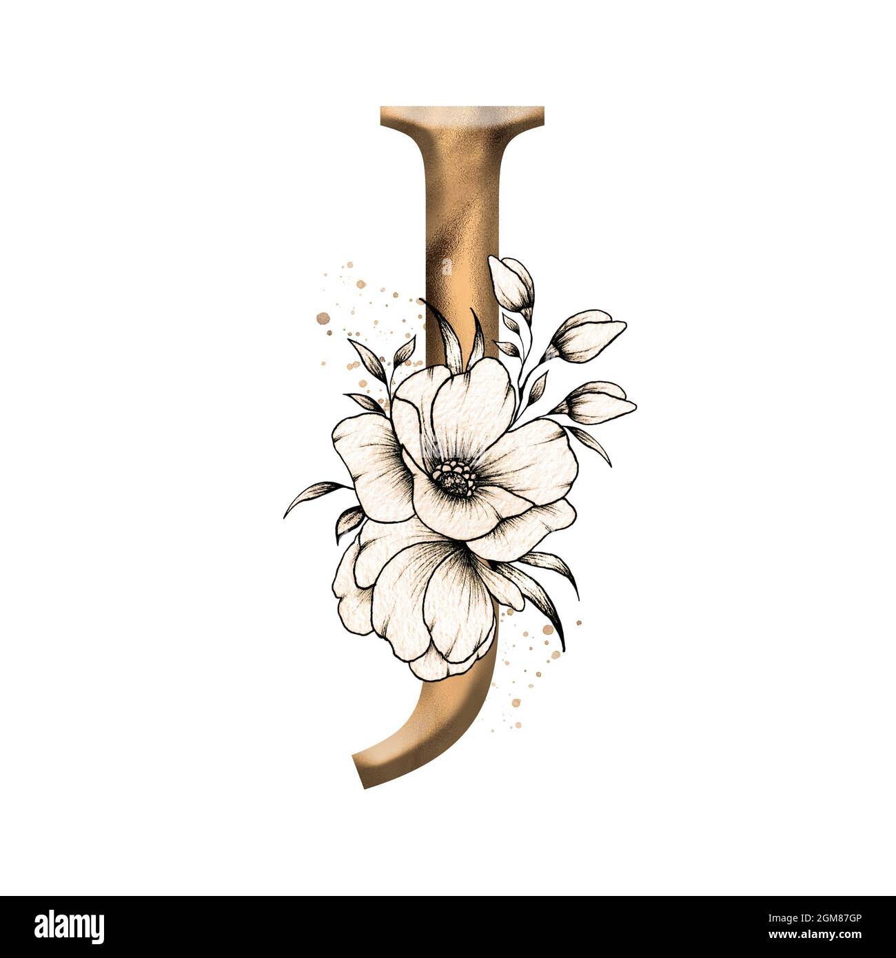 Alfabeto floreale grafico, lettera d'oro J con composizione bouquet fiori d'epoca, unico monogramma iniziale perfetto per gli inviti di nozze, saluti Foto Stock