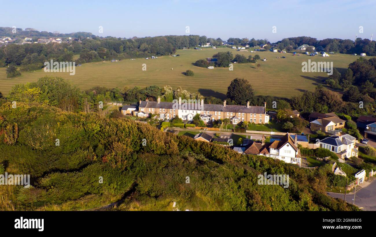 Vista aerea del Kingsdown International Camping Centre, da Kingsdown Beach Foto Stock