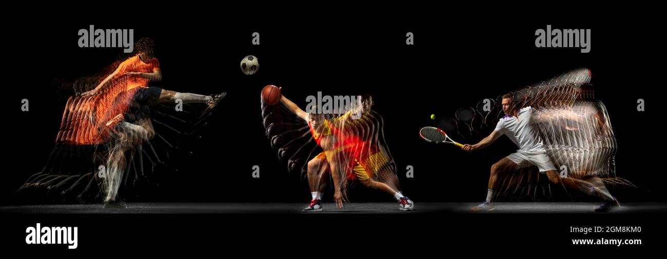 Collage di immagini di calcio proffesional, basket e tennista in movimento isolati su sfondo scuro con effetto stroboscoper. Foto Stock