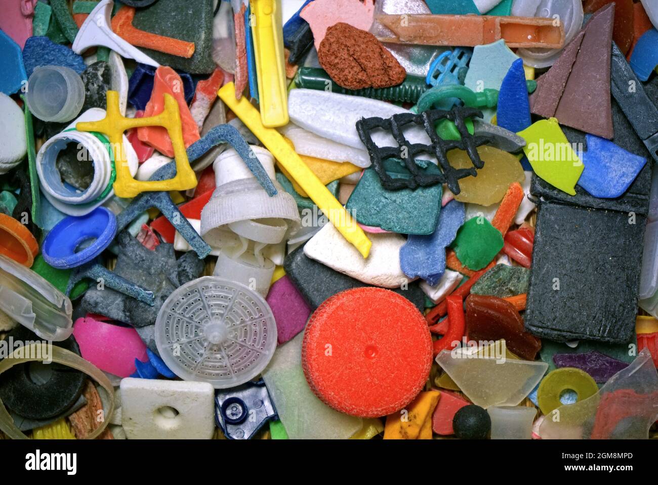 Raccolta di parti in plastica raccolte lavate sulla spiaggia Foto Stock