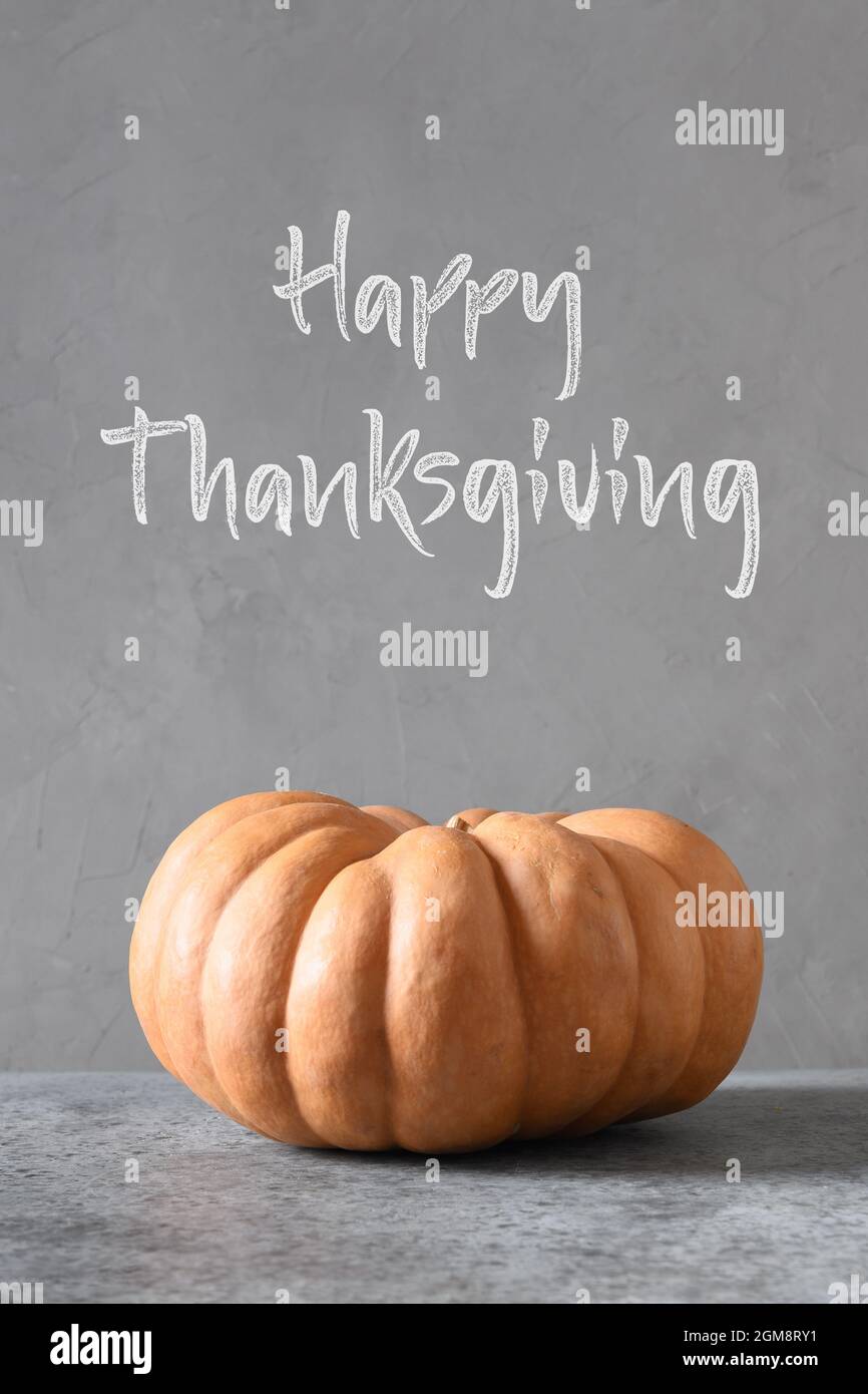 Zucca grande arancione su sfondo grigio. Testo - Felice ringraziamento. Vista frontale e spazio di copia. Formato verticale. Foto Stock