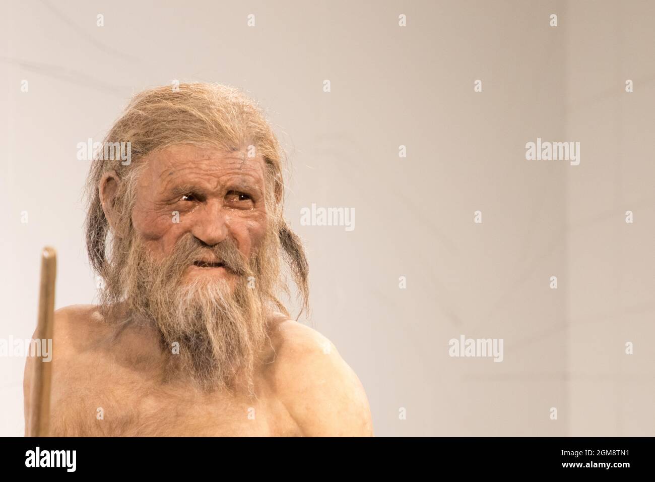 21 agosto 2021: Riproduzione su scala vitale di Iceman Ötzi presso il museo archeologico di Bolzano Foto Stock