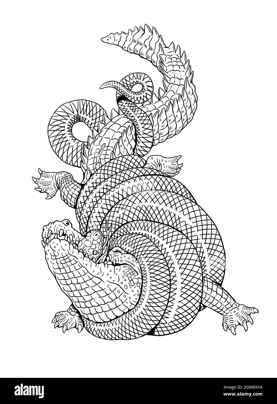 Lotta degli alligatori contro l'anaconda. Gigantesco coccodrillo e illustrazione di Python. Modello per colorazione. Foto Stock
