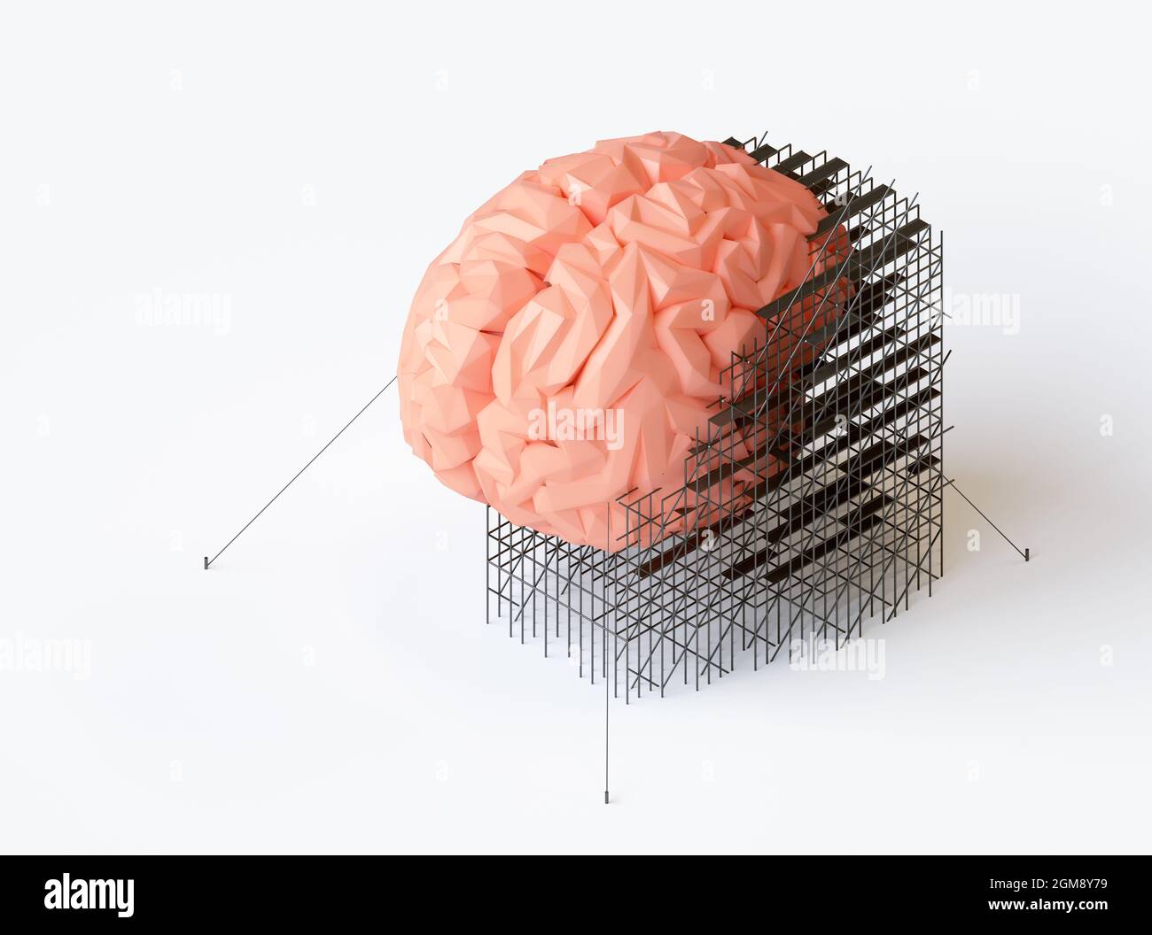 illustrazione 3d del concetto di riparazione o trattamento cerebrale umano a basso contenuto di poli. Rappresentazione 3D isometrica del cervello con impalcatura Foto Stock