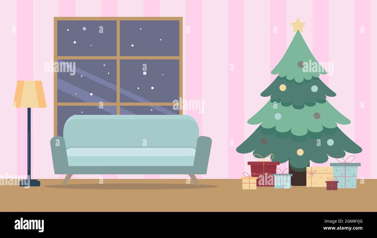 Soggiorno cartoon con divano e albero di Natale Illustrazione Vettoriale