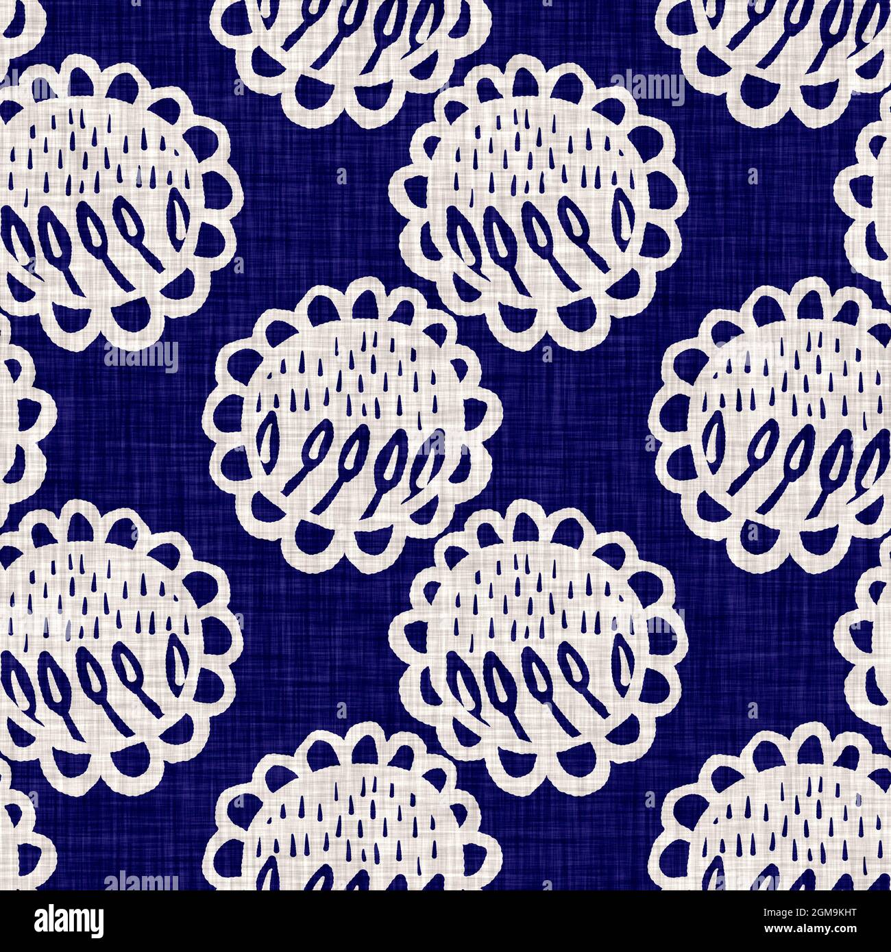 Indigo blu fiore blocco stampa tinta tessuto di lino sfondo. Campione giapponese di ripetizione batik tessuto senza cuciture. Sfocatura floreale organica afflosciata Foto Stock