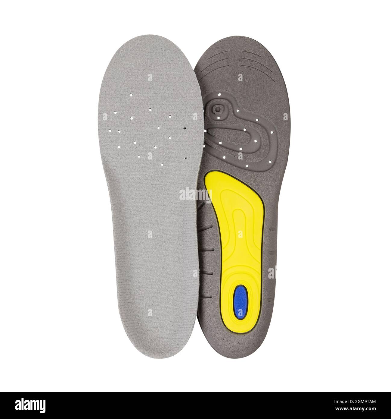 Solette ortopediche isolate su sfondo bianco. Due lati di una soletta ortopedica in una foto Foto Stock