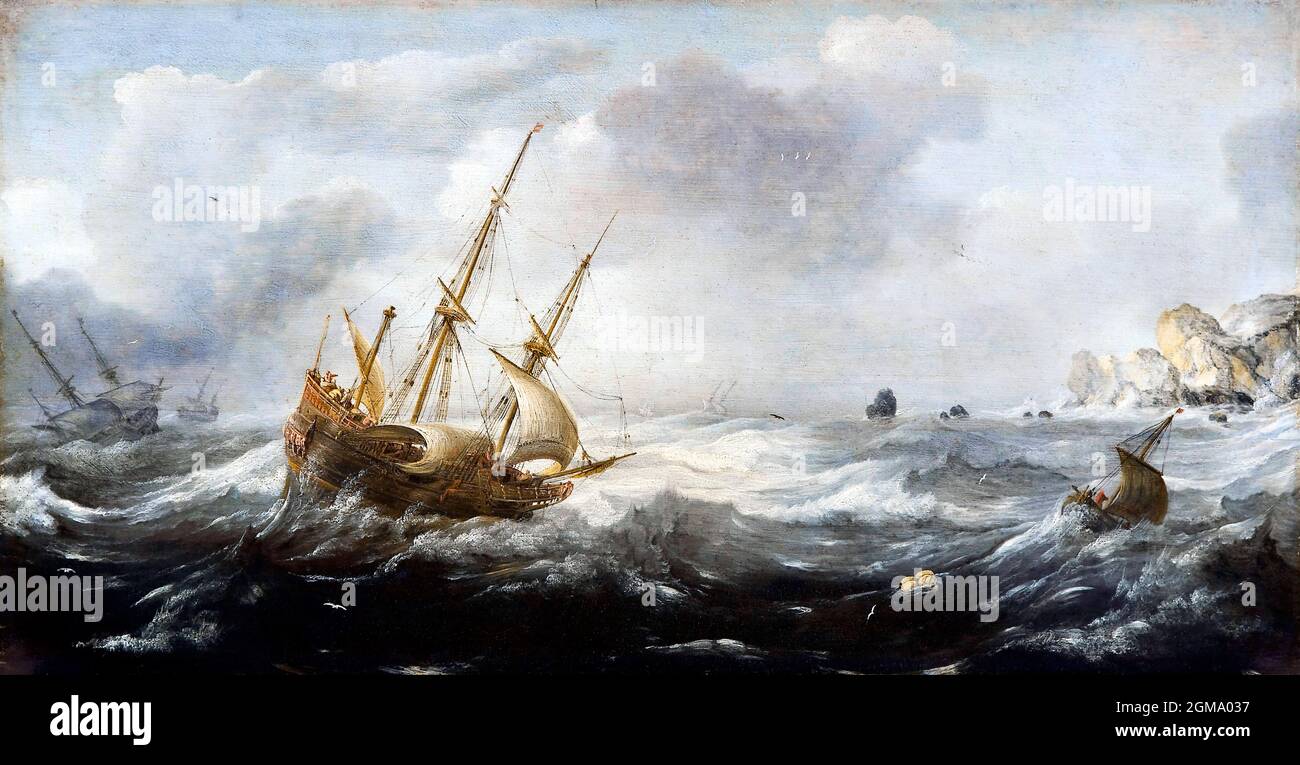 Navi in una tempesta su una costa rocciosa di Jan Porcellis (1580/4-1632), olio su pannello, 1614/18 Foto Stock