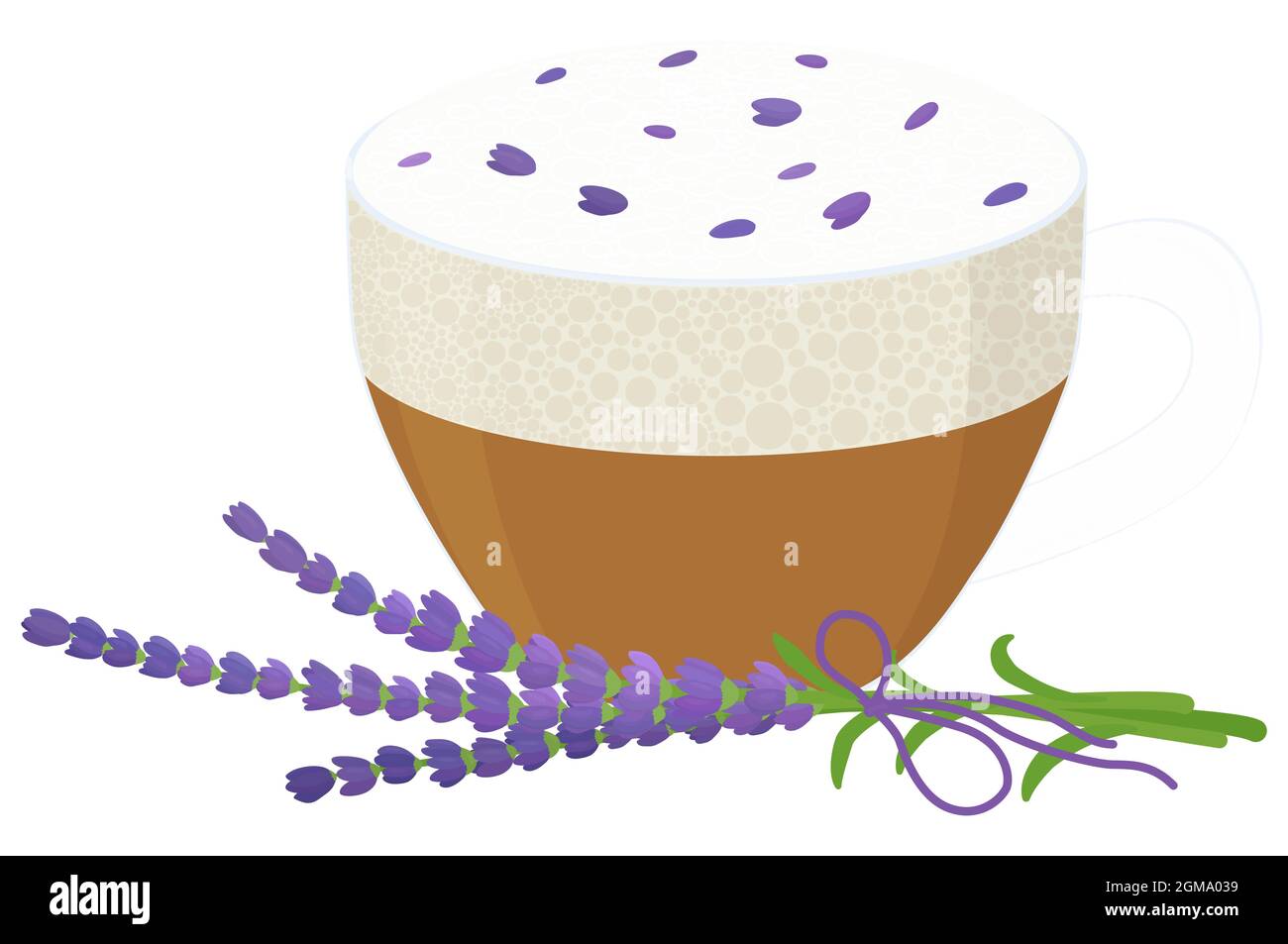 Caffè raf lavanda in bicchiere trasparente. Illustrazione vettoriale isolata su sfondo bianco Illustrazione Vettoriale