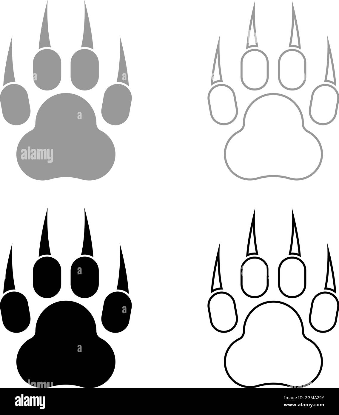 Stampa animale selvatico zampa con footprint traccia artiglio Pawprint predatore set icona grigio nero colore vettoriale illustrazione piatta stile semplice immagine Illustrazione Vettoriale