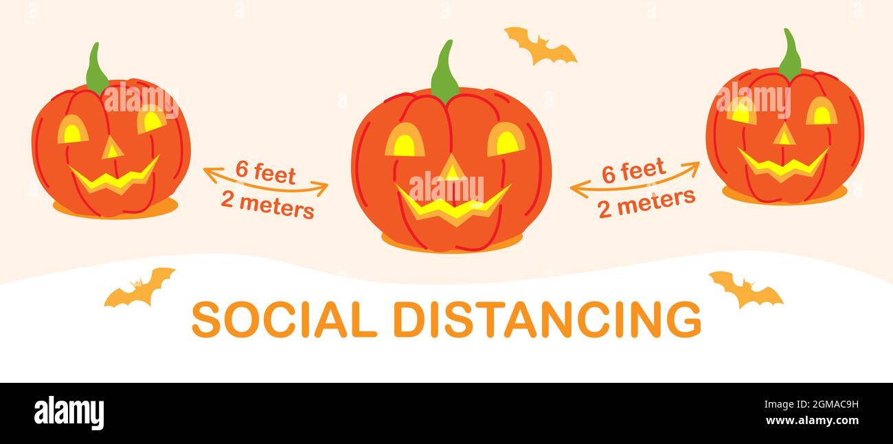 Coronavirus sociale distanziamento Halloween banner con carino cartoon zucca lanterne personaggi. Opuscolo vettoriale infografico positivo per le festività con annuncio Illustrazione Vettoriale