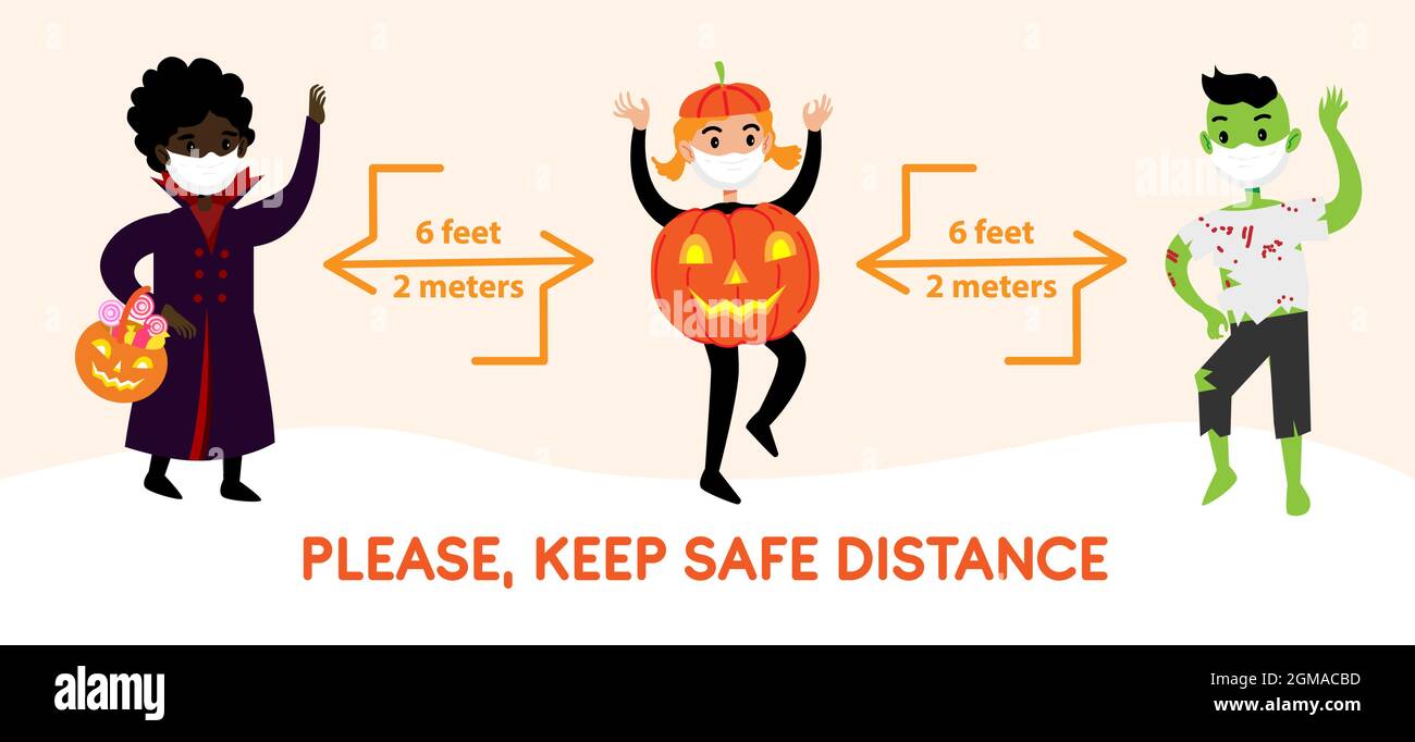 COVID 19 banner infografico di social distancing con simpatici personaggi animati di Halloween. Bambini in costumi e maschere protettive. Corona virus proteggere Illustrazione Vettoriale
