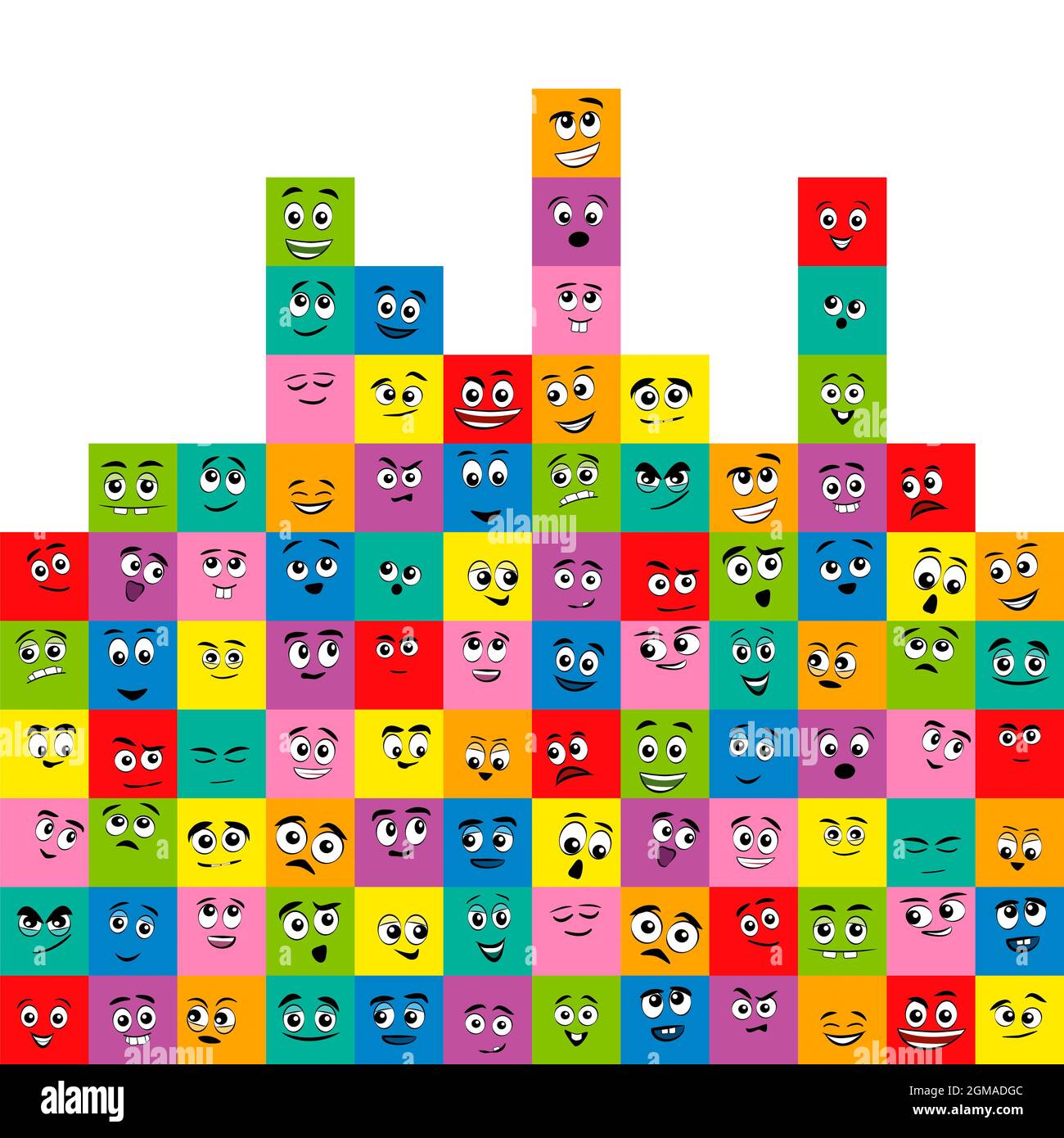 Quadrati colorati con diversi volti comici - felice, divertente, triste, grumpy, spaventato, amichevole, curioso. Trova le stesse coppie con gli stessi colori ed espressione. Foto Stock