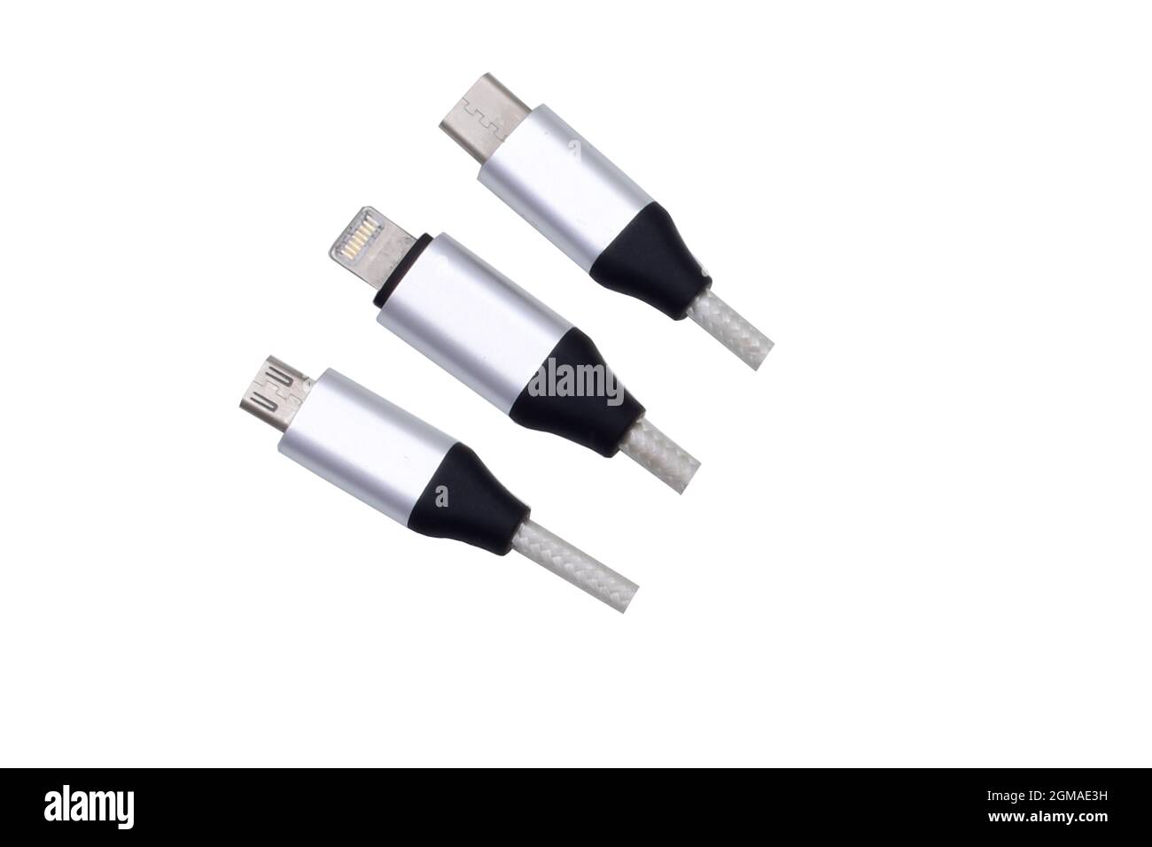 tre diversi tipi di usb isolati su sfondo bianco Foto Stock