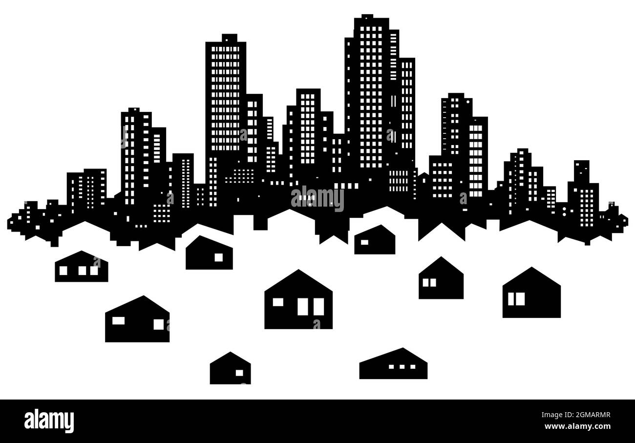 Skyline città periferia contorno nero, illustrazione vettoriale, orizzontale, su bianco, isolato Illustrazione Vettoriale