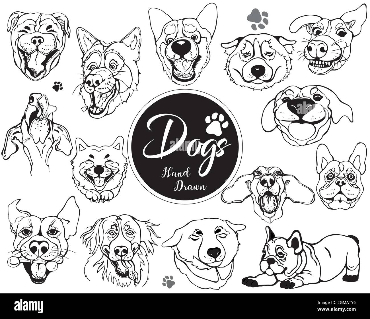 Set di facce Dog disegnate a mano con stile di schizzo isolate su sfondo bianco. Illustrazione vettoriale. Illustrazione Vettoriale