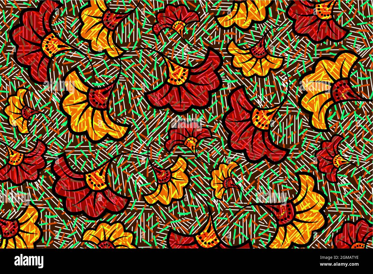 African Wax Print tessuto, etnico sovrapposizione ornamento fiore moda design, kitenge motivo motivi floreali elementi. Tessuto vettoriale, tessuto afro colorato Illustrazione Vettoriale