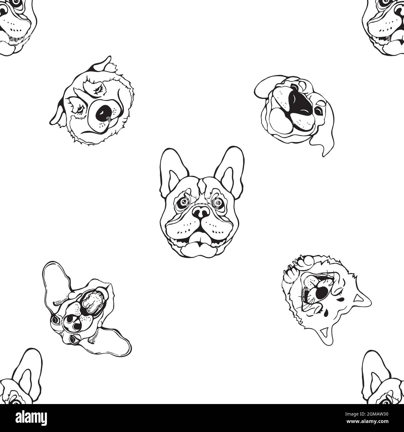 Pattern senza giunture di disegni a mano stile ritratti di cani isolati su sfondo bianco. Illustrazione vettoriale. Illustrazione Vettoriale