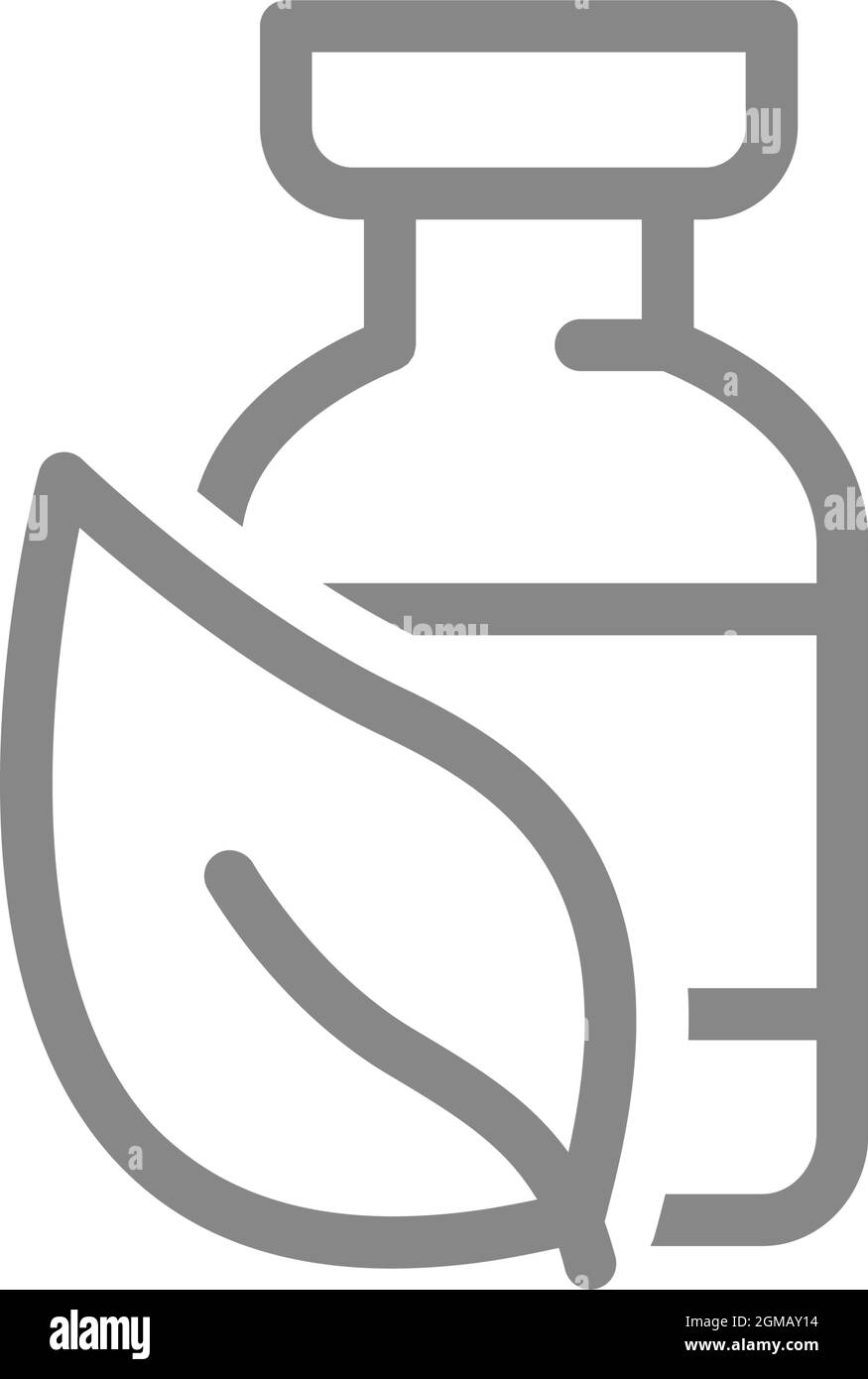 Ampolla medica e pianta foglia icona linea. Vaccino, medicina di erbe, simbolo mondiale di immunità Illustrazione Vettoriale