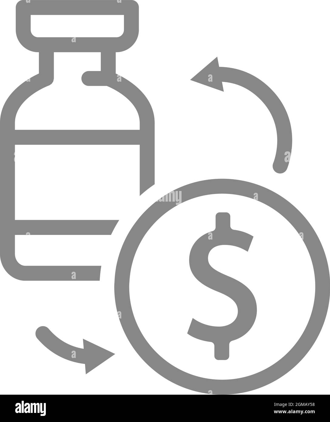 Fiala medica e moneta, icona della linea di denaro. Vaccinazione, tasse di servizio medico, simbolo di immunità mondiale Illustrazione Vettoriale