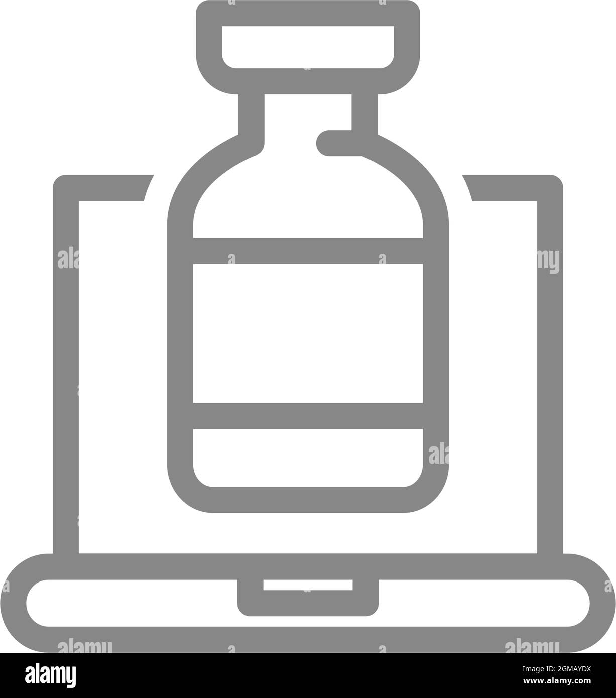 Fiala medica e icona della linea del laptop. Informazioni sulla vaccinazione, immunizzazione, simbolo di registrazione per la vaccinazione Illustrazione Vettoriale