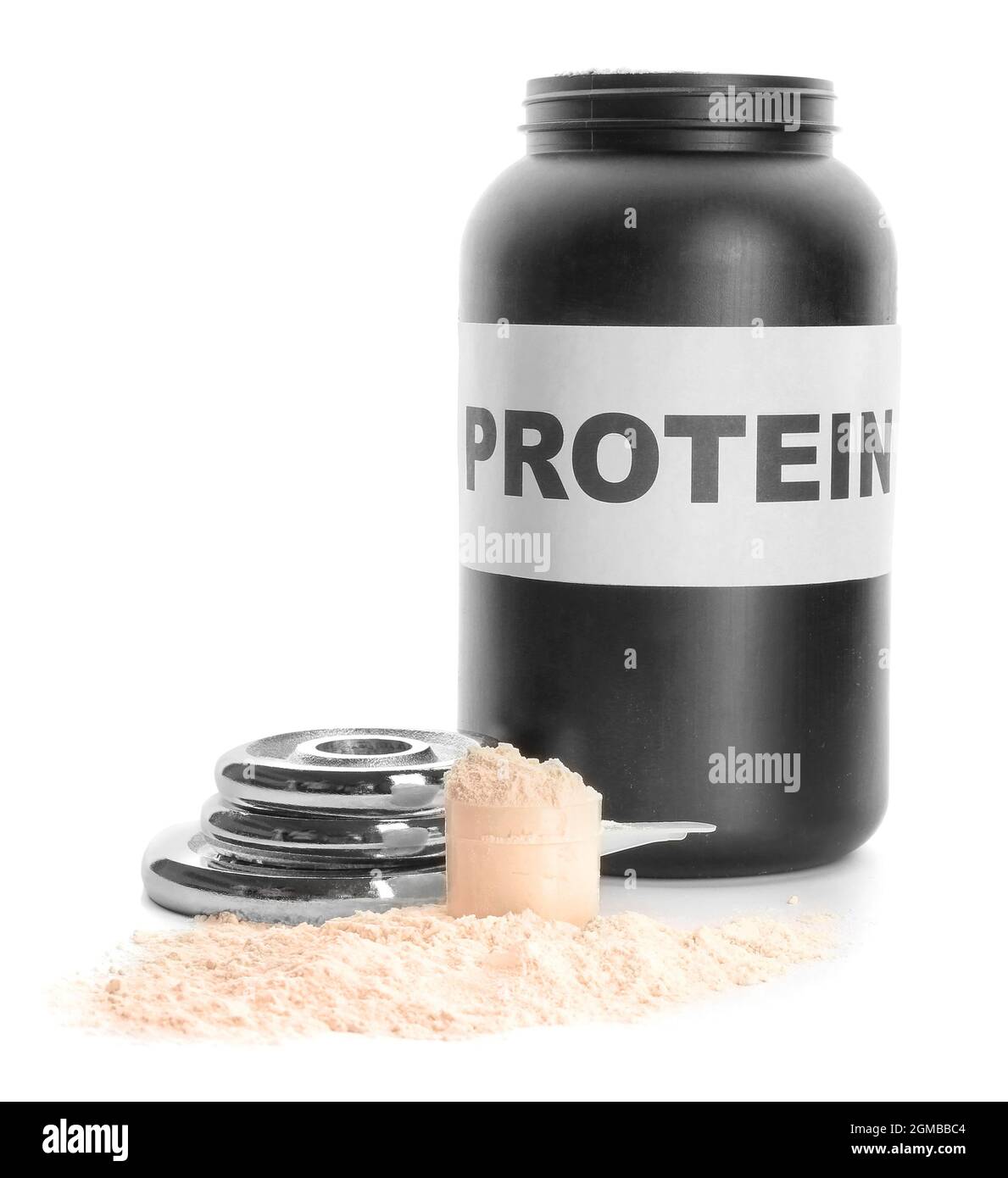 Misurino con proteine in polvere e piastre di peso su sfondo bianco Foto  stock - Alamy