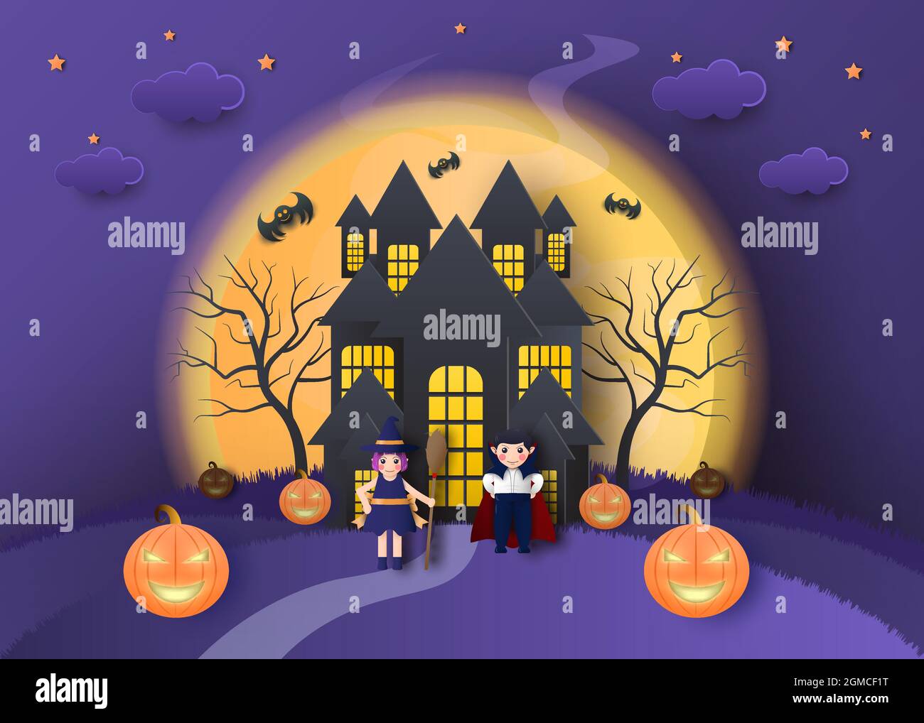 halloween carta taglio tema stile con castello, vampiro, e strega illustrazione modificabile eps cc Illustrazione Vettoriale