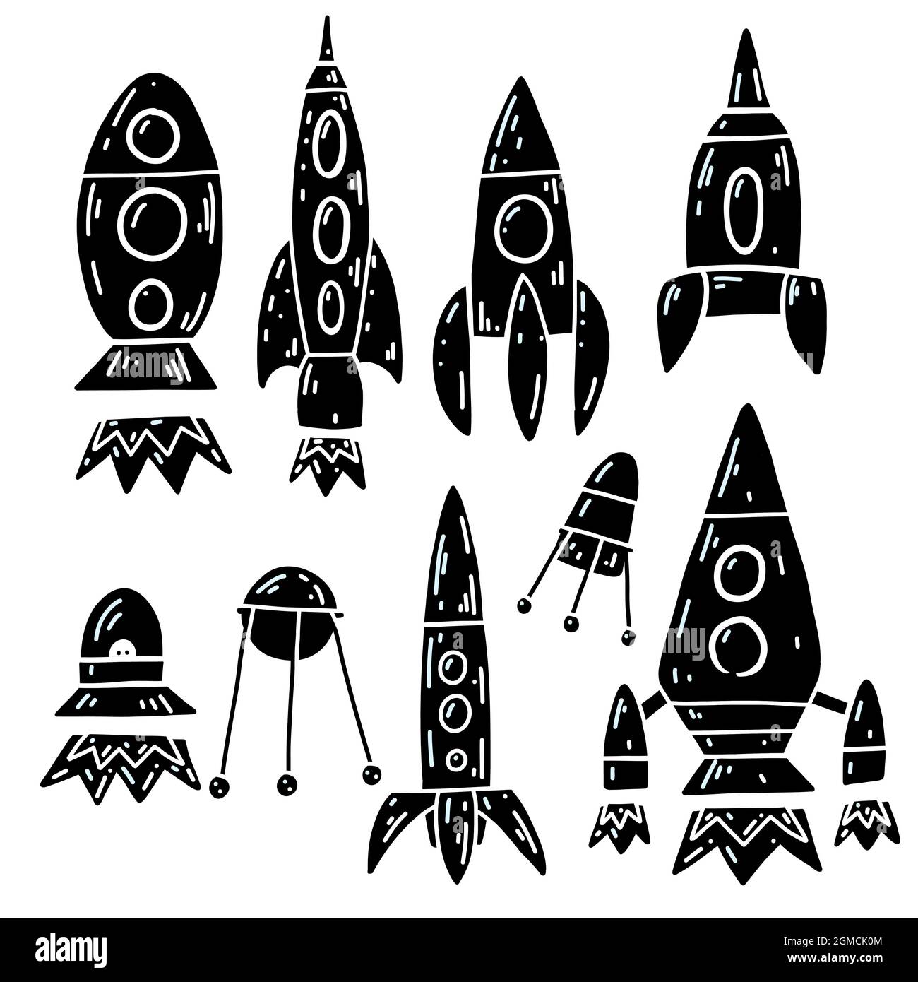 Set di stampa in nero con navicelle e ufo per spazi di contorno. Delineare le navi tecnologiche. Silhouette vettoriale infantile di navette spaziali e satelliti isolati Illustrazione Vettoriale