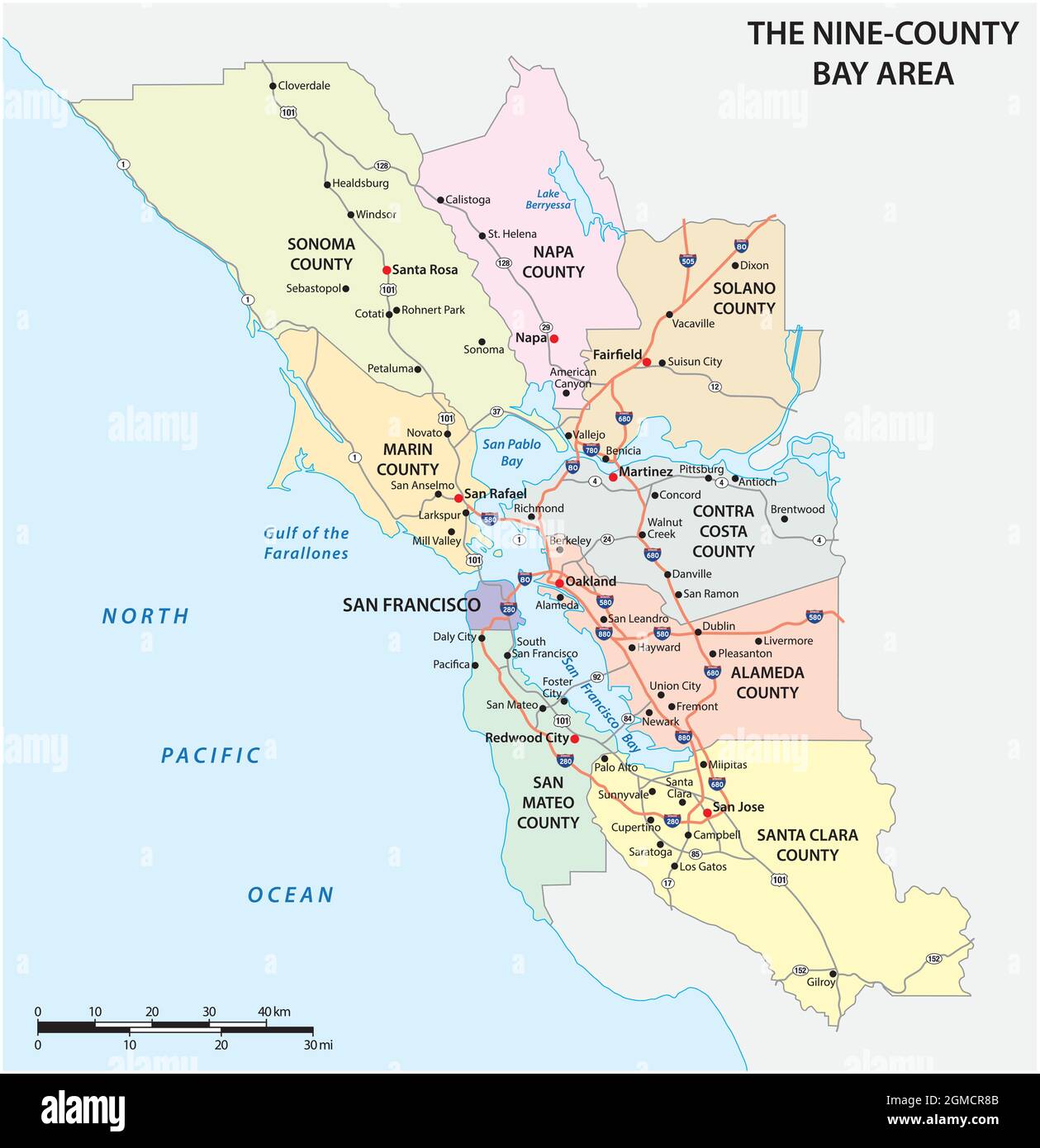 Mappa amministrativa e stradale della regione della California, San Francisco Bay Area Illustrazione Vettoriale