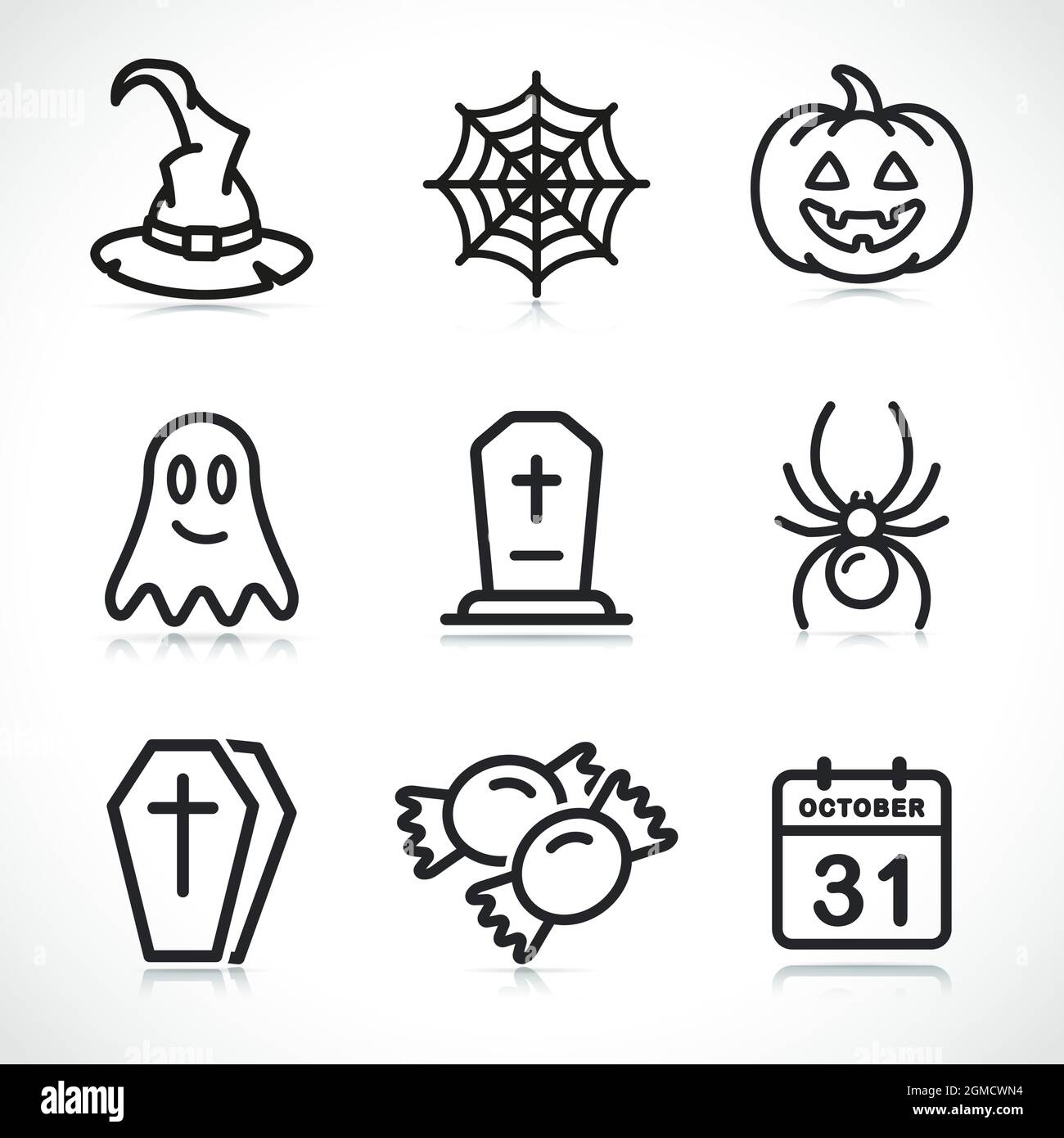 halloween sottile linea icone nero design set Illustrazione Vettoriale