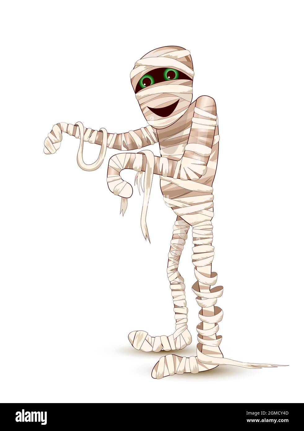 La mummia del cartone animato sta camminando, le braccia allungate in avanti. Personaggio per la festa di Halloween. Sfondo bianco. Illustrazione Vettoriale