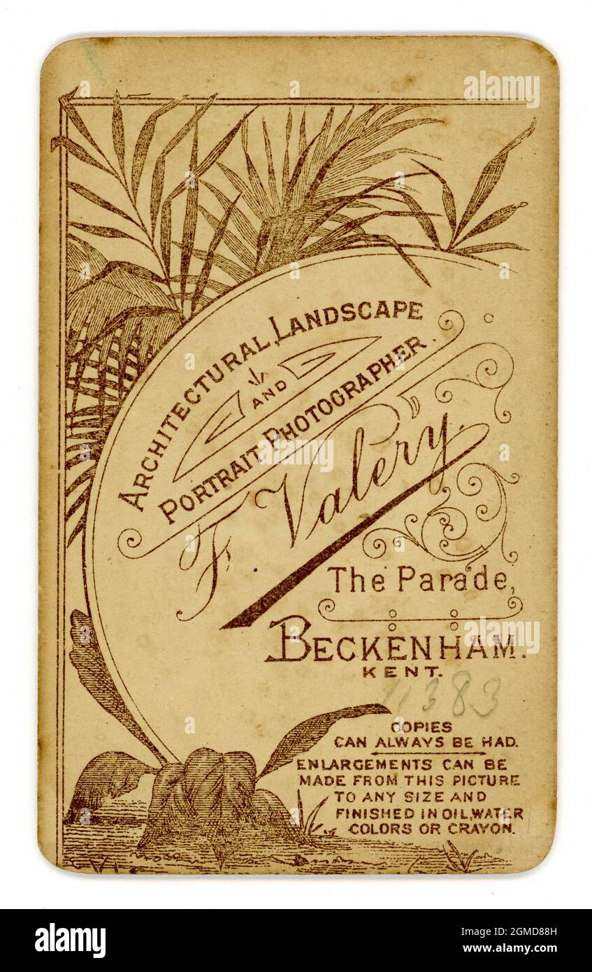 Inversione del tardo 1880's Victorian CDV (carte de Visite) o scheda di visita, con illustrazioni fotografiche di bambù influenzate Giapponese - popolare nel 1880 e 1890's. Dallo studio di F Valery (nome commerciale) Beckenham, Kent, Inghilterra, Regno Unito circa 1888. Foto Stock