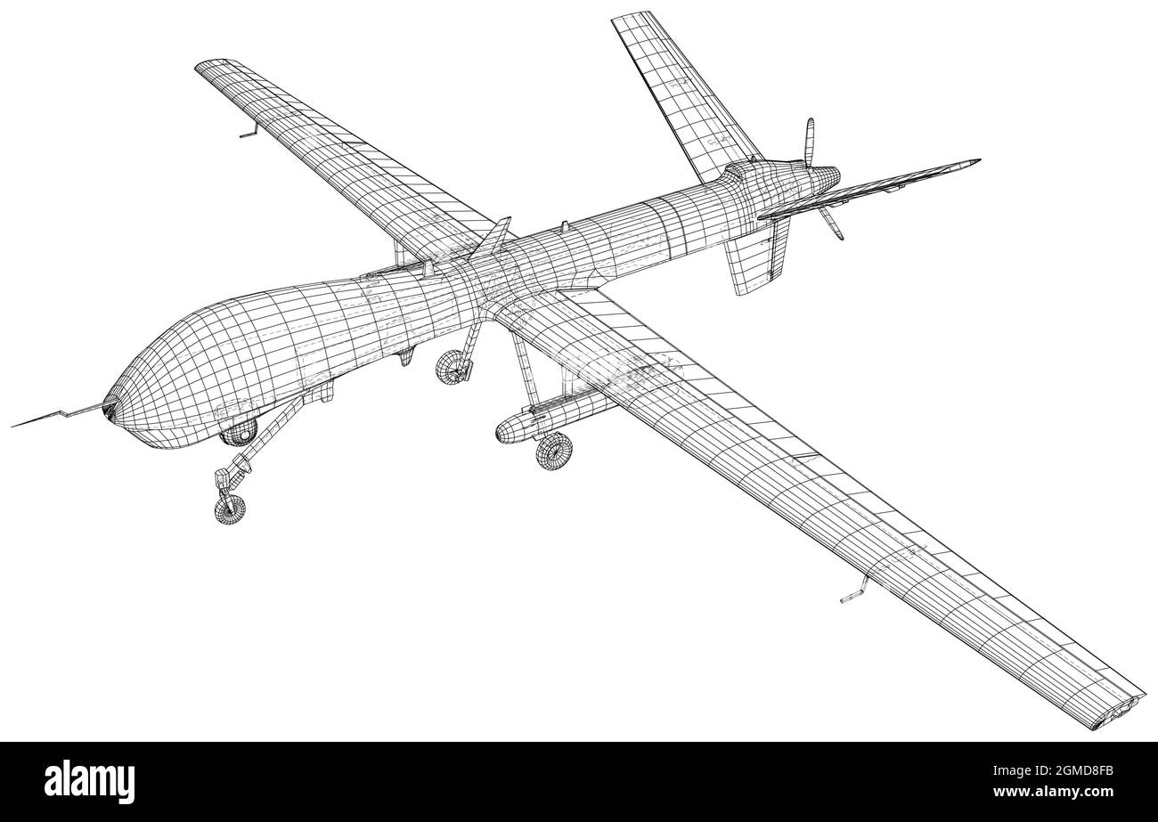 Aereo senza equipaggio Predator drone militare. Vettore creato di 3d, wire-frame. Illustrazione Vettoriale