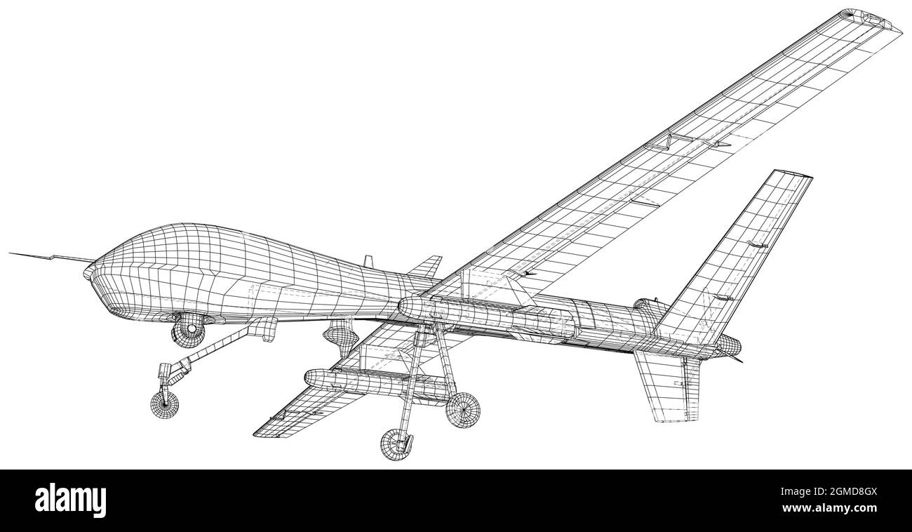 Drone Predator militare. Disegno di wire-frame velivolo. Vettore creato di 3d. Illustrazione Vettoriale
