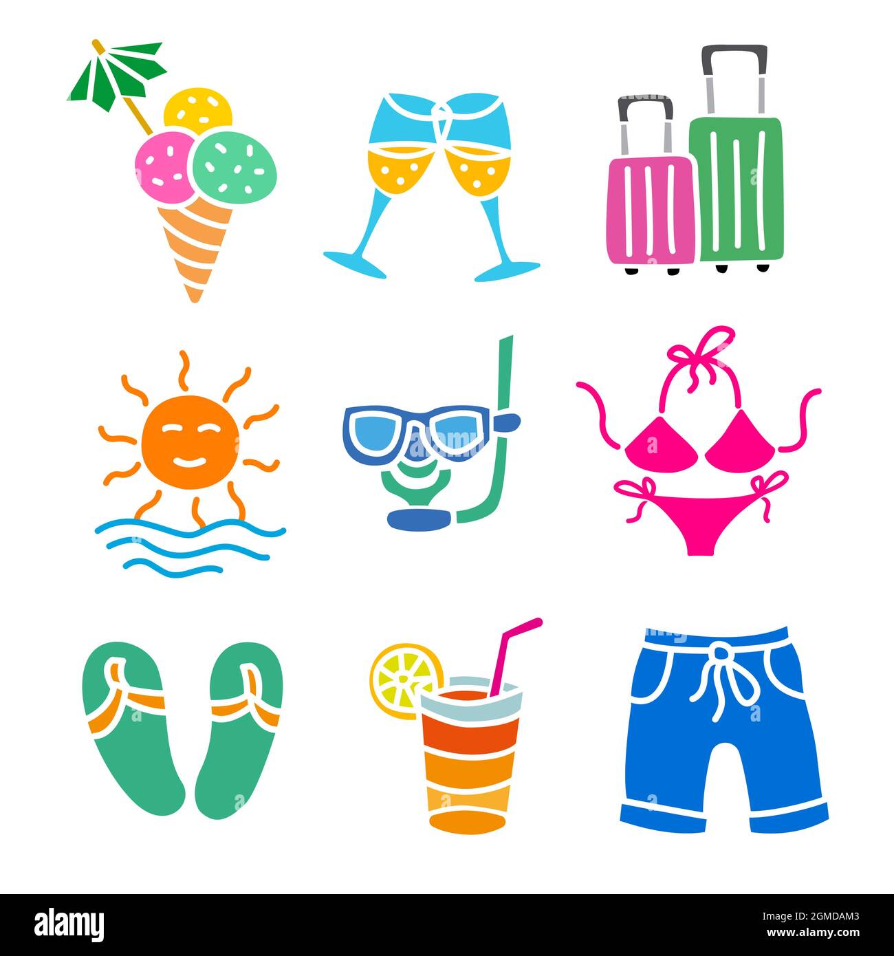 insieme di icone colorate di resort sulla spiaggia e di vacanza Illustrazione Vettoriale