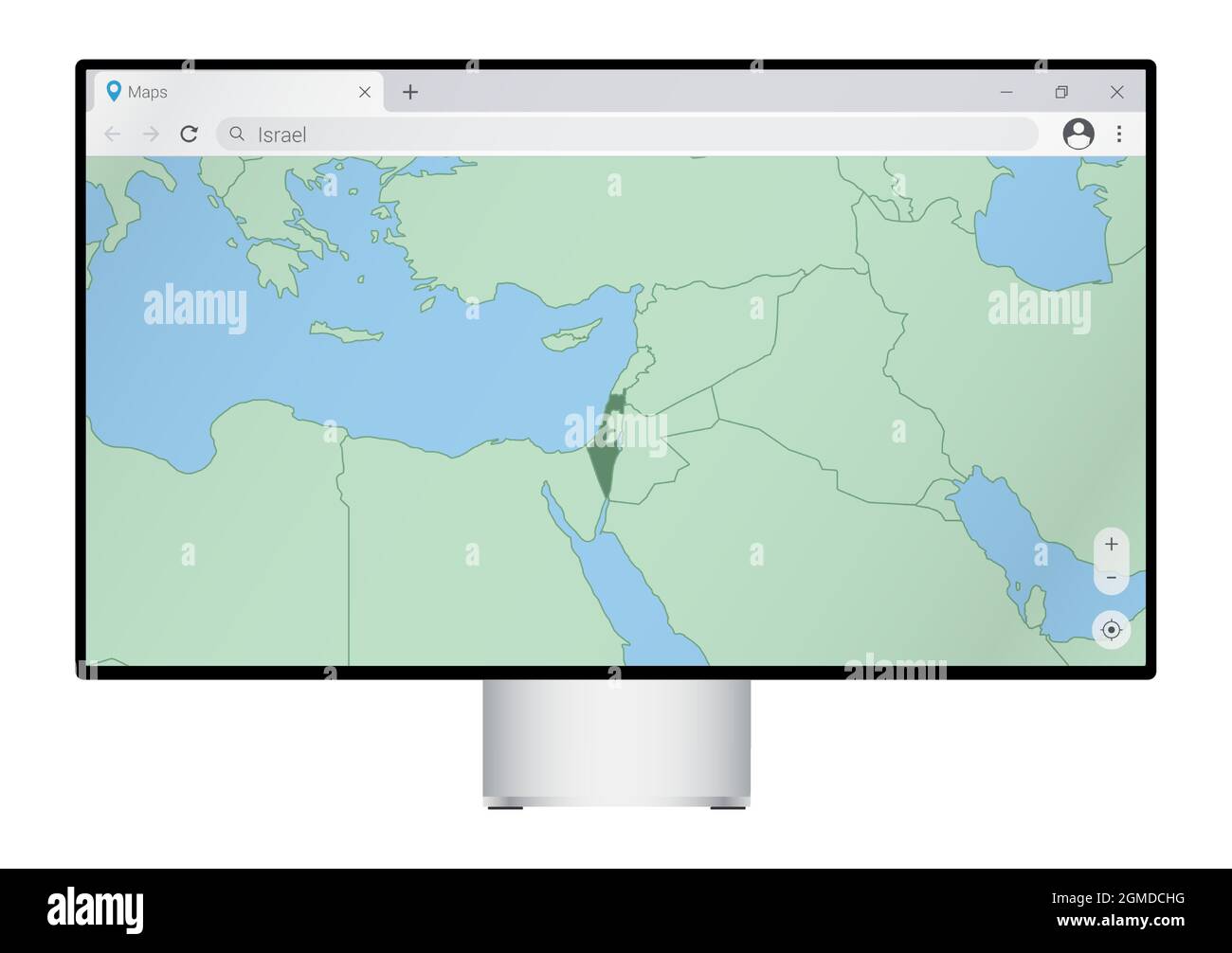Computer monitor con mappa di Israele nel browser, cercare il paese di Israele sul programma di mappatura web. Modello vettoriale. Illustrazione Vettoriale