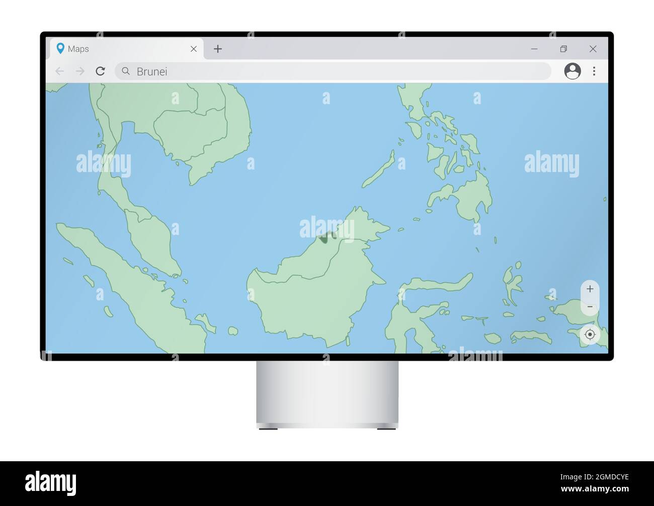 Computer monitor con mappa di Brunei nel browser, ricerca del paese di Brunei sul programma di web mapping. Modello vettoriale. Illustrazione Vettoriale