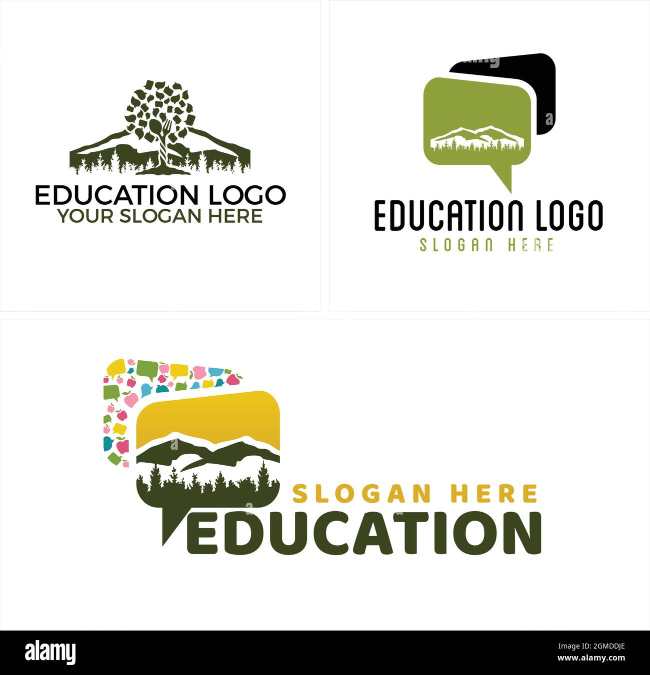 Una serie di chat educativa montagna foresta logo design Illustrazione Vettoriale
