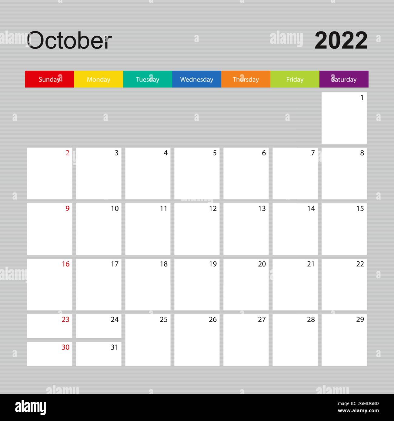 Сalendar pagina di ottobre 2022, Wall planner dal design colorato. La settimana inizia la domenica. Modello di calendario vettoriale. Illustrazione Vettoriale