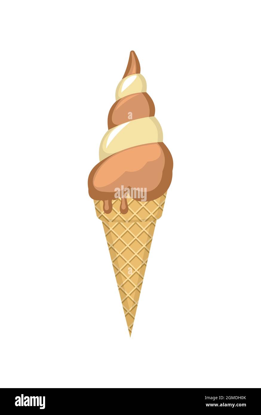 Gelato al cioccolato. Dessert estivo. Design piatto. In un cono waffle. L'oggetto è isolato su sfondo bianco. Illustrazione del vettore. Illustrazione Vettoriale