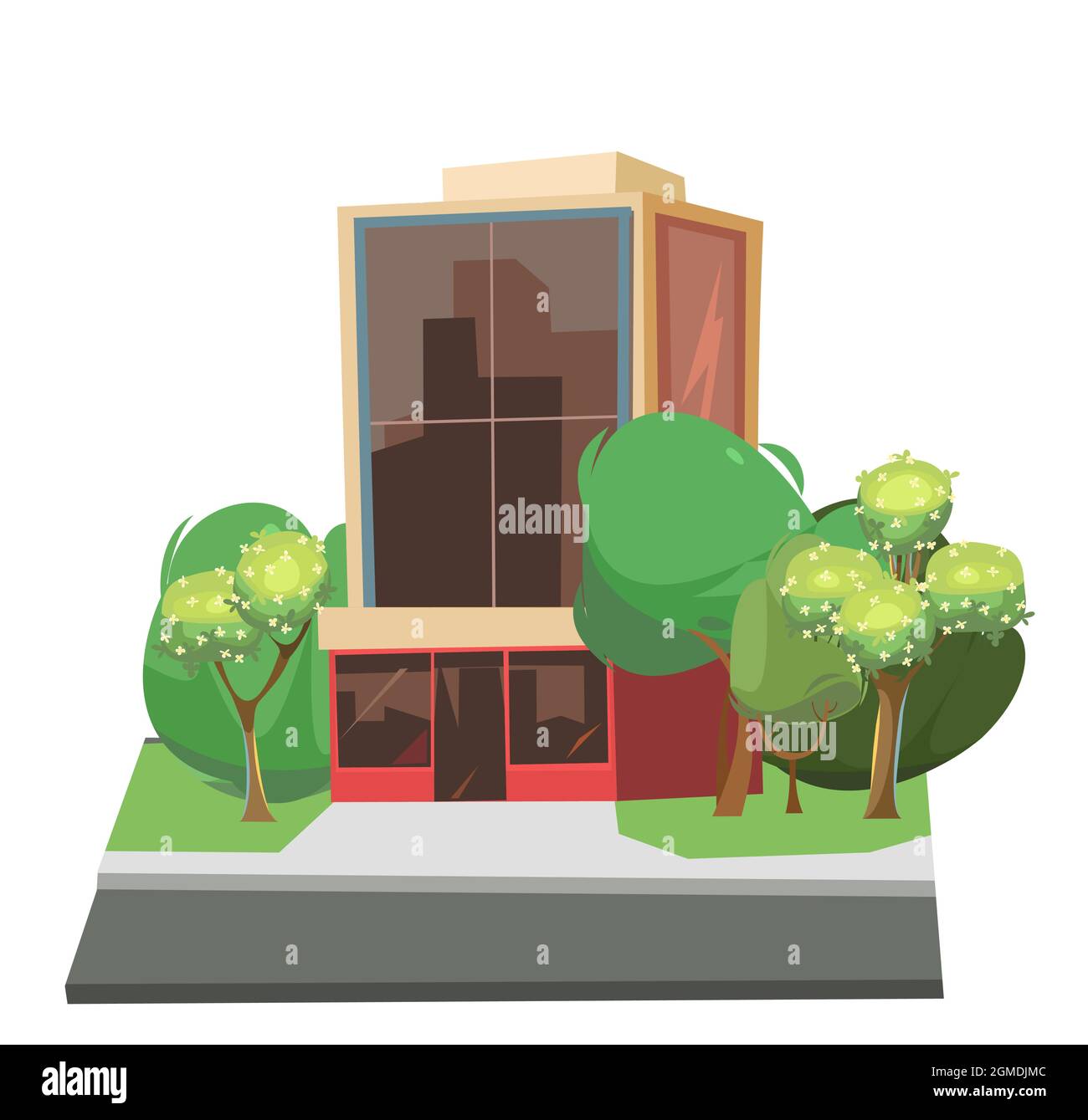 Edificio cittadino. Tra gli alberi. Cartone animato divertente stile piatto. Strada asfaltata. Supermercato, negozio o ufficio del centro affari. Isolato su sfondo bianco Illustrazione Vettoriale