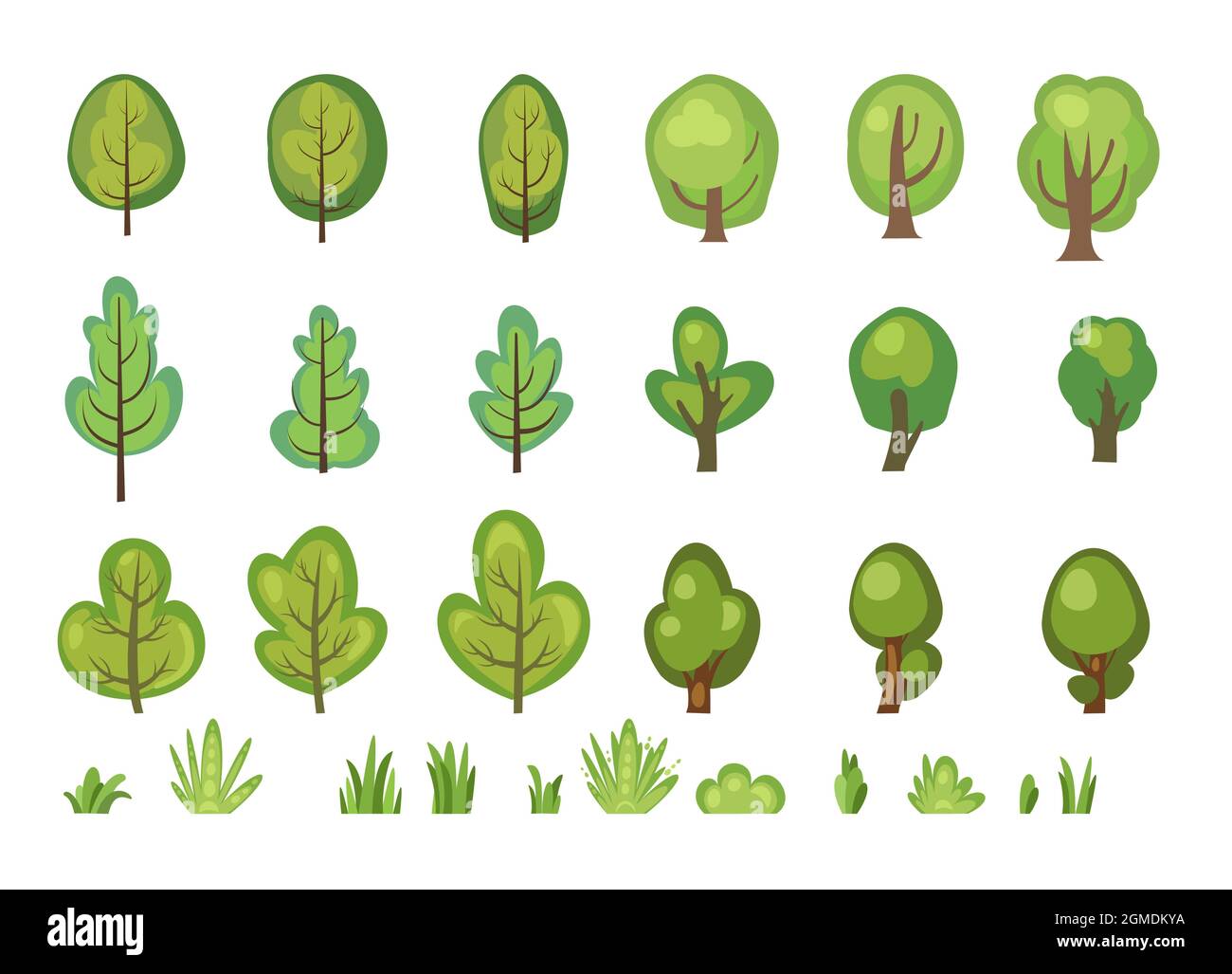 Foresta piatta. Set con alberi. Illustrazione in un semplice stile simbolico. Boccole. Oggetti per un paesaggio verde divertente. Fumetto design. Fuori città Illustrazione Vettoriale