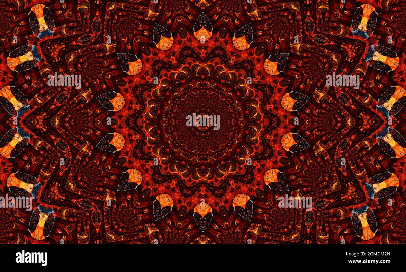 Caleidoscopio allo zenzero. Carta da parati groovy. Zenzero ripetere Batik. Colore geometrico nero. Orrore psichedelico mistico. Rug geometrico bianco. Wa Mystic senza giunture Foto Stock