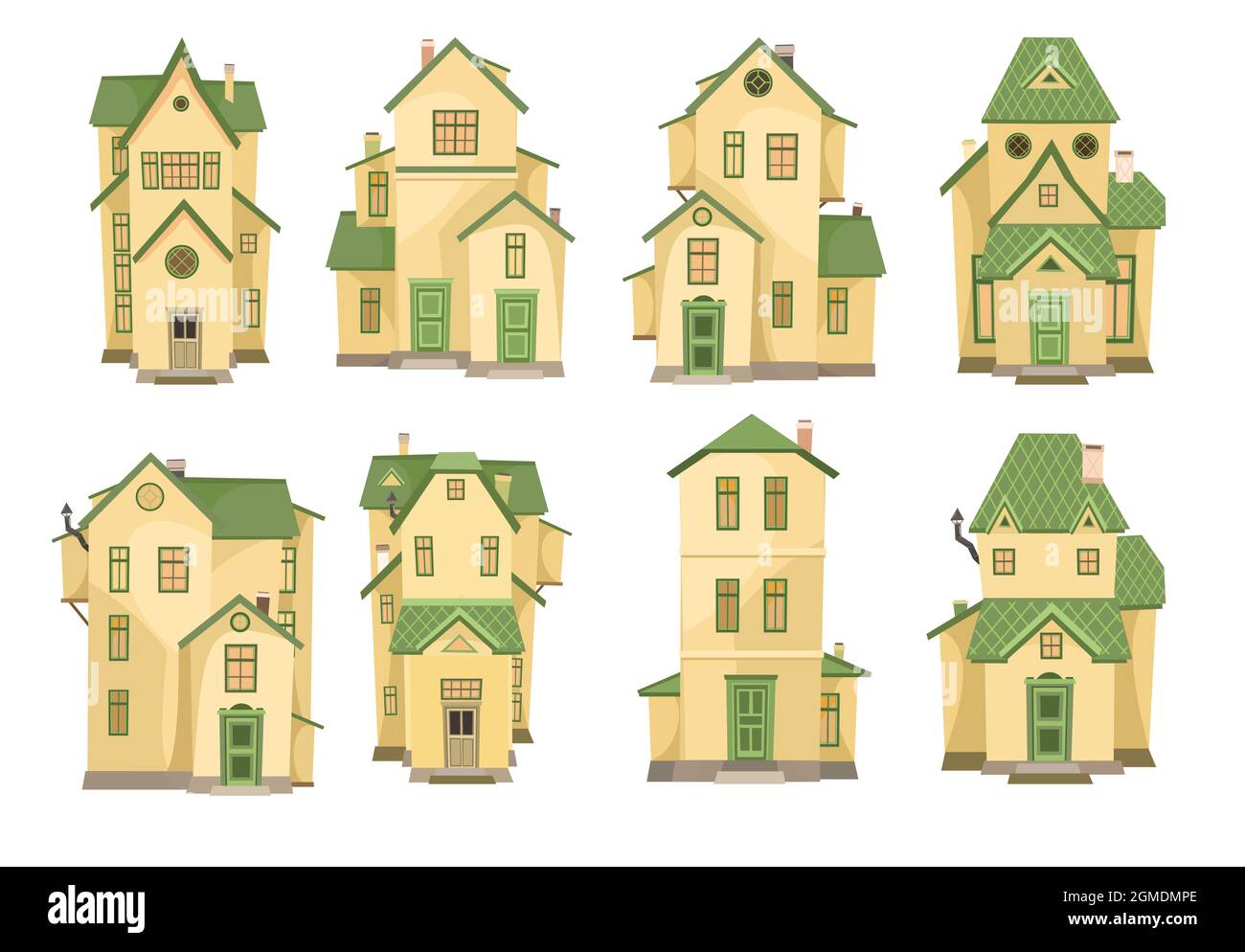 Set di cartoni animati gialli. Una bella, accogliente casa di campagna in un tradizionale stile europeo. Collezione di case funny carino. Isolato su bianco Illustrazione Vettoriale