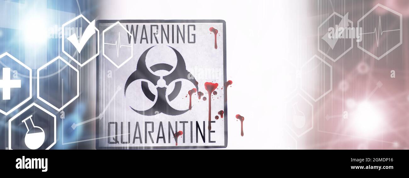 Quarantena. Cartello di avvertenza di quarantena su una porta di vetro dell'isolatore dell'ospedale. Isolamento dei pazienti con il virus in laboratori speciali. Virus. Foto Stock