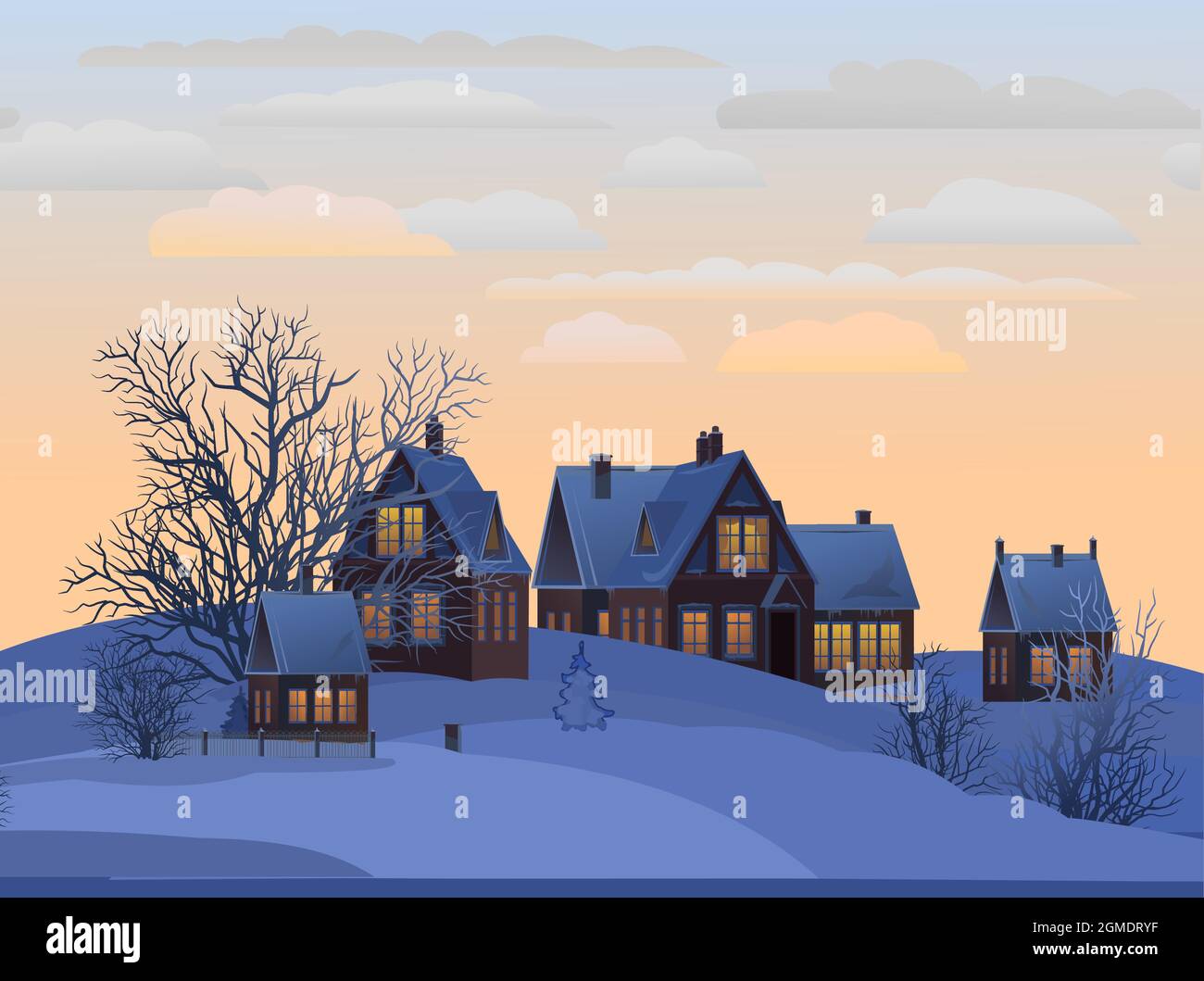 Villaggio. Case rurali in inverno. Natale. Serata tranquilla e gelida. Il tetto a timpano è coperto di neve. Collina. Paesaggio di campagna piacevole e accogliente. Piatto Illustrazione Vettoriale