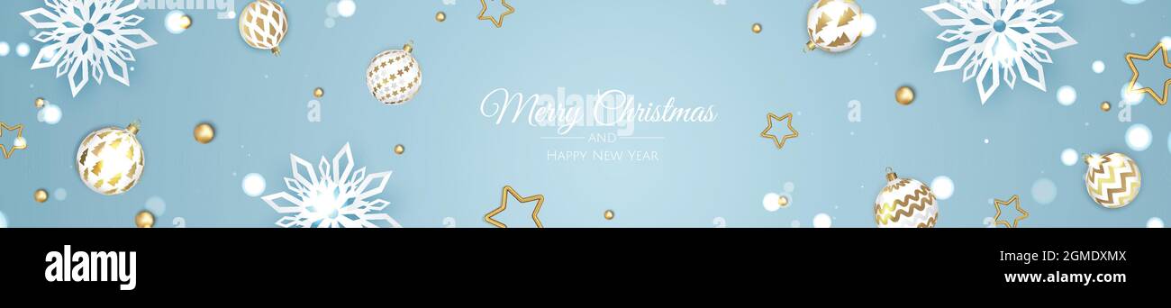 Buon Natale e Felice Anno Nuovo. Sfondo xmas con design Snowflakes e palle. Illustrazione Vettoriale